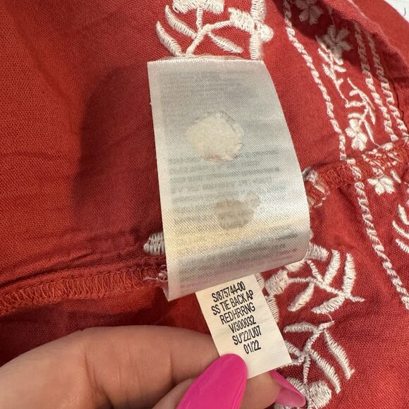 Old Navy Shirt Dress S Midi Smocked Embroidered Prairie Milkmaid Red White Boho - Picture 11 of 12